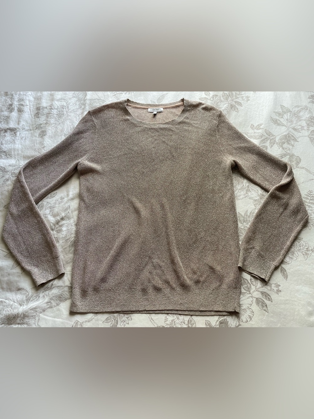 Reiss Metallic Champagne‎ Beige Crewneck Sweater Top Medium Chic Quiet Luxury